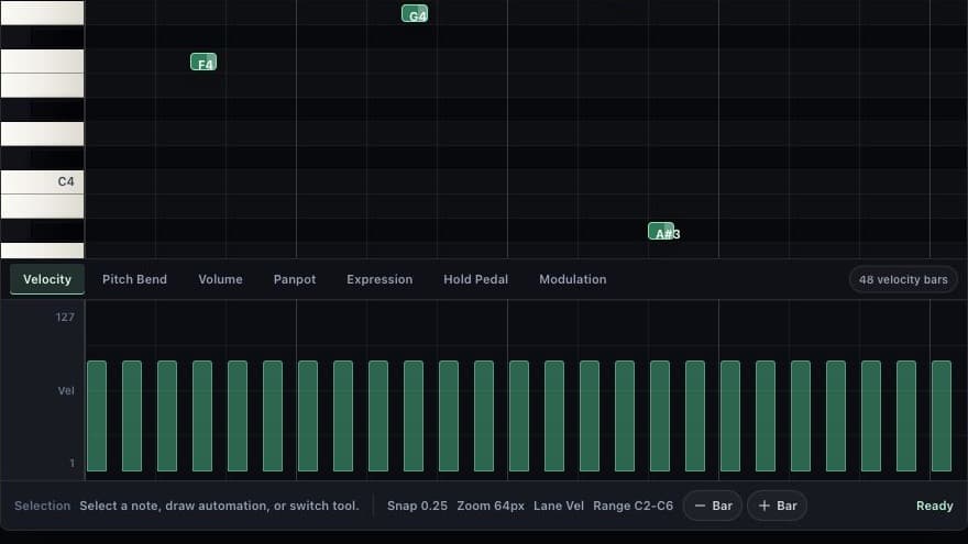 Controller lane in Sunoi MIDI Editor showing velocity bars and MIDI controller tabs