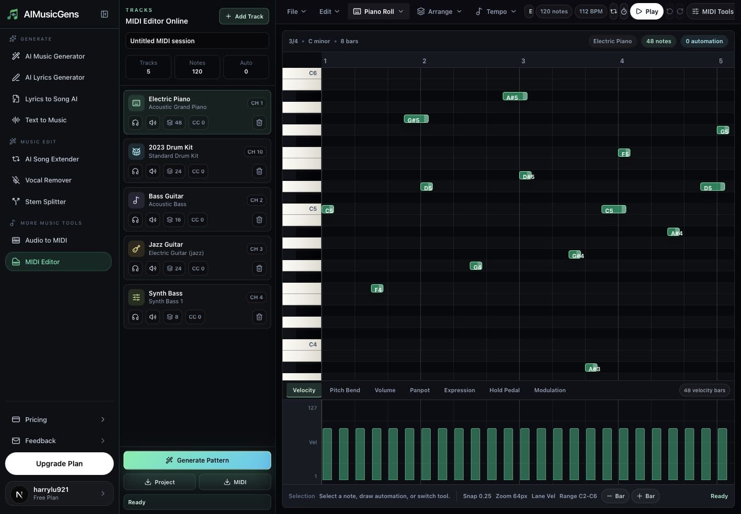 Sunoi MIDI Editor showing multi-track controls, piano roll notes, and velocity controller lane