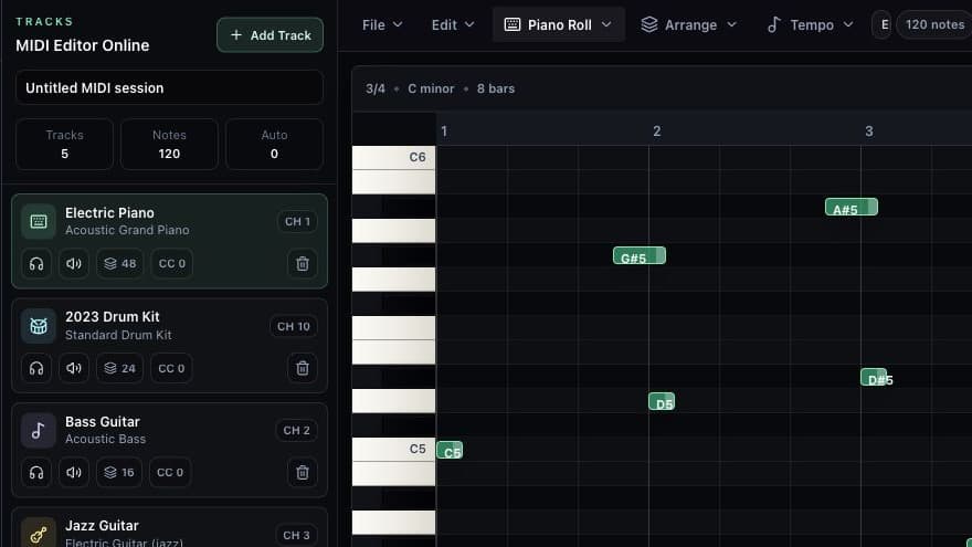 Track rail in Sunoi MIDI Editor showing instruments, MIDI channels, note counts, solo, mute, and delete controls